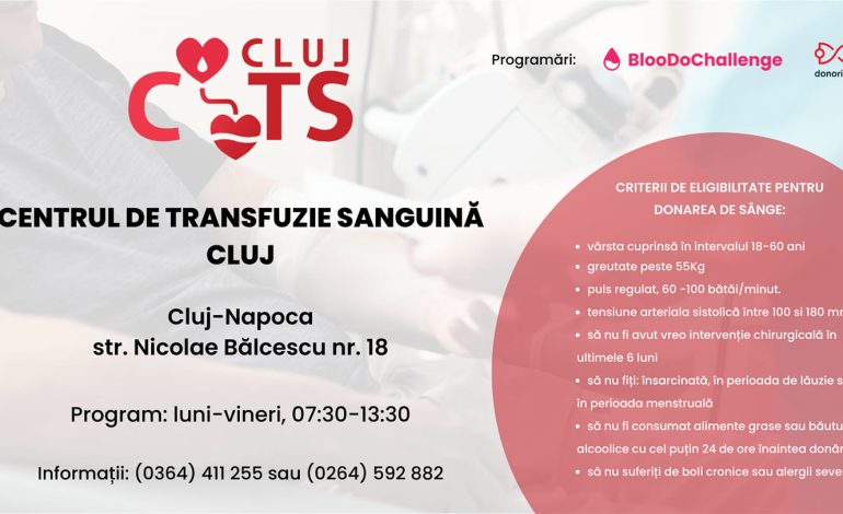 Apel urgent la donare de sânge la Centrul de Transfuzie Sanguină Cluj
